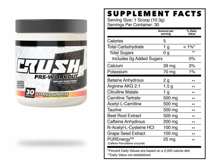 crush pre-workout label and packaging