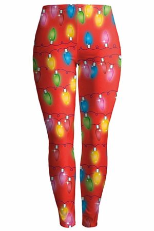 Red exercise leggings with christmas lanterns on them
