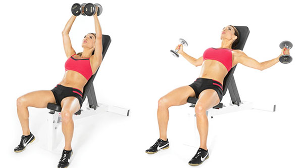 a female perfoming incline dumbbell flys to lift her boobs naturally with exercise