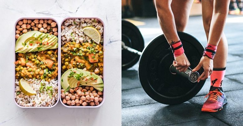 High-protein vegan meal and a woman loading weights onto a barbell
